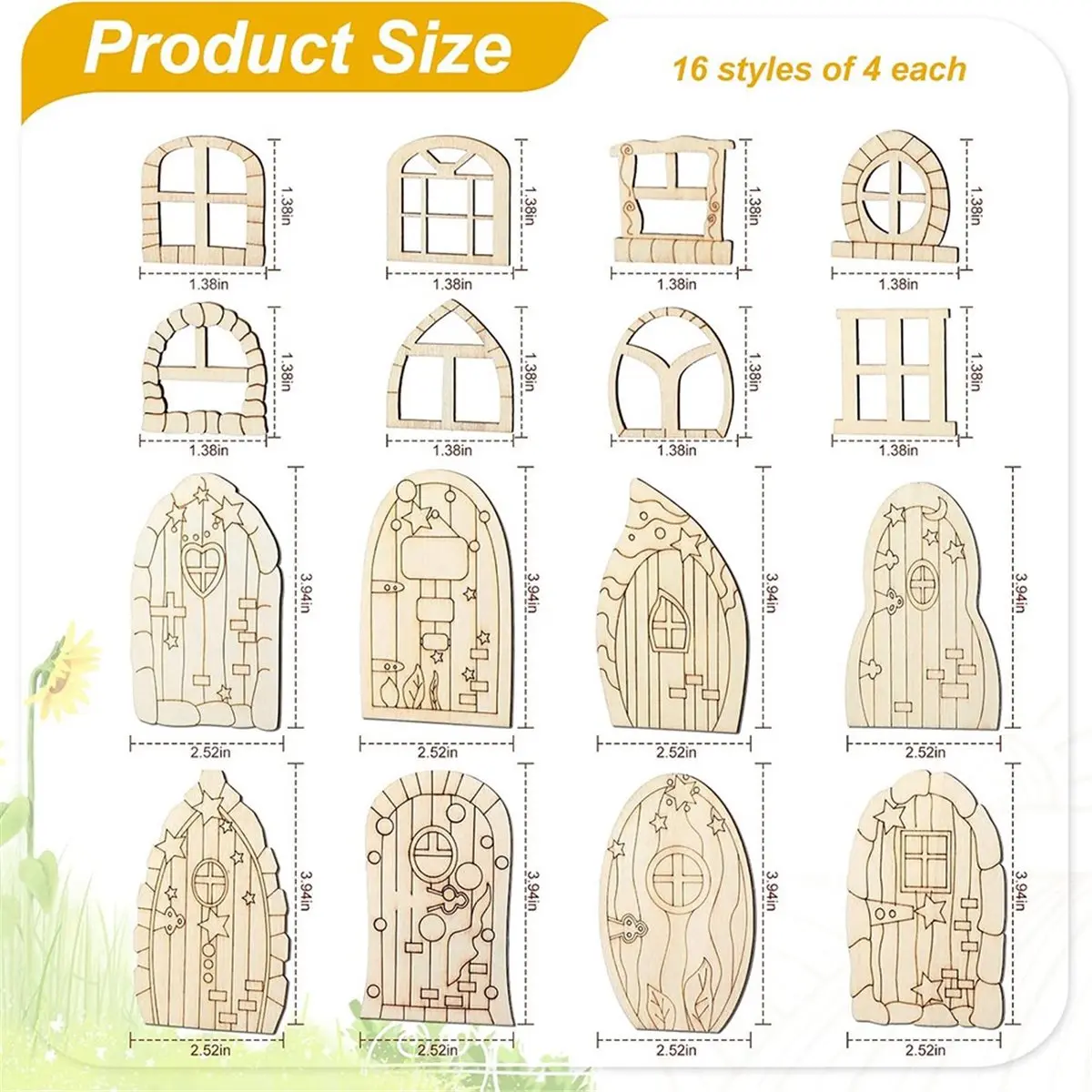 STOCK-64 Pcs Fairy Door Mini Wooden Garden Doors Unfinished DIY Craft Fairy House Kit Unpainted Wood Miniature Blank Window