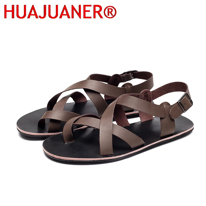

New Summer Sandals Men Open Toe Genuine Leather Sandals Hollow-out Retro Handmade Comfortable Breathable Outdoor Beach Shoes