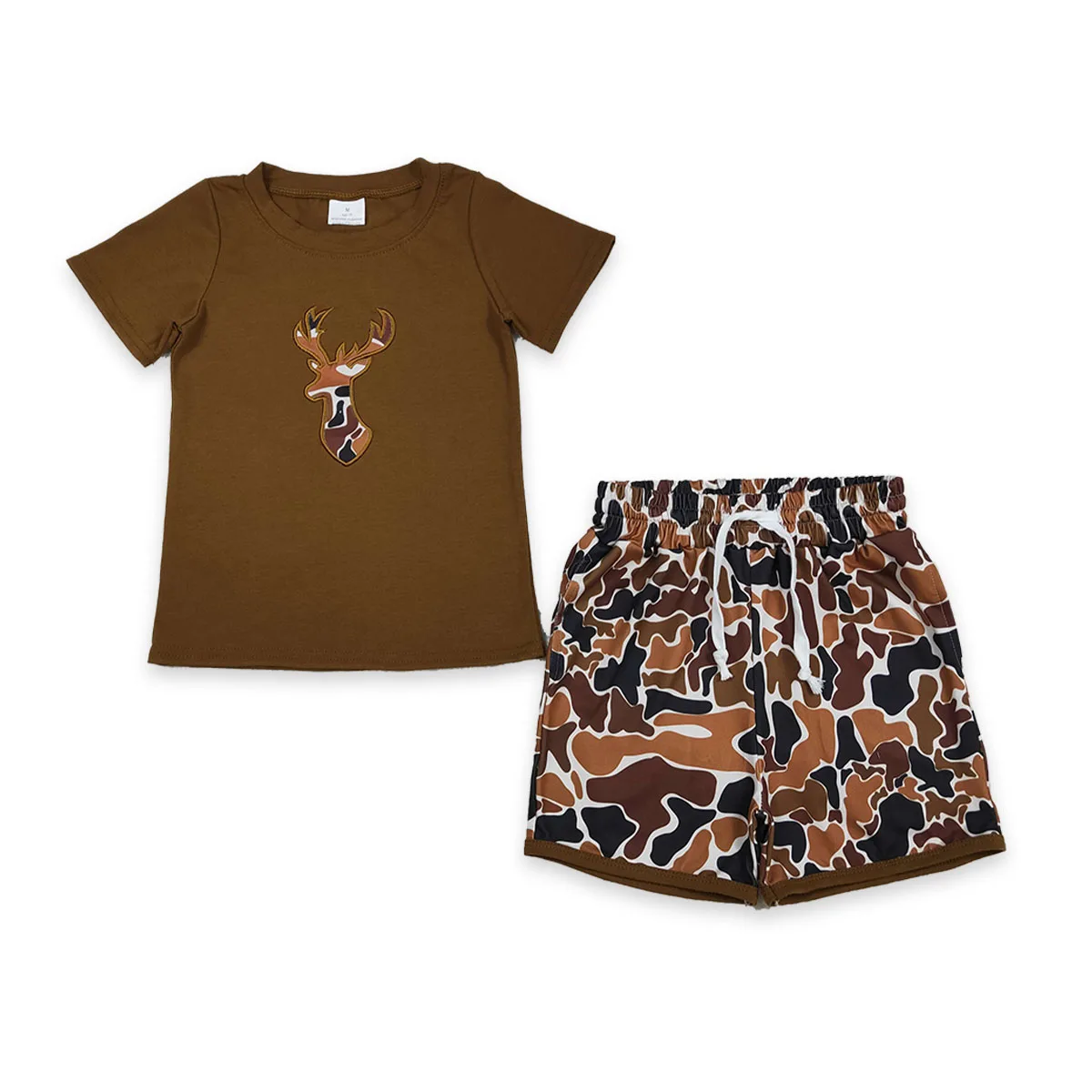 Baby Boy Short Sleeve Embroidery Camo Deer Hunting Clothes Set Brown Top Pockets Shorts Infant Toddler Outfits Children Clothing
