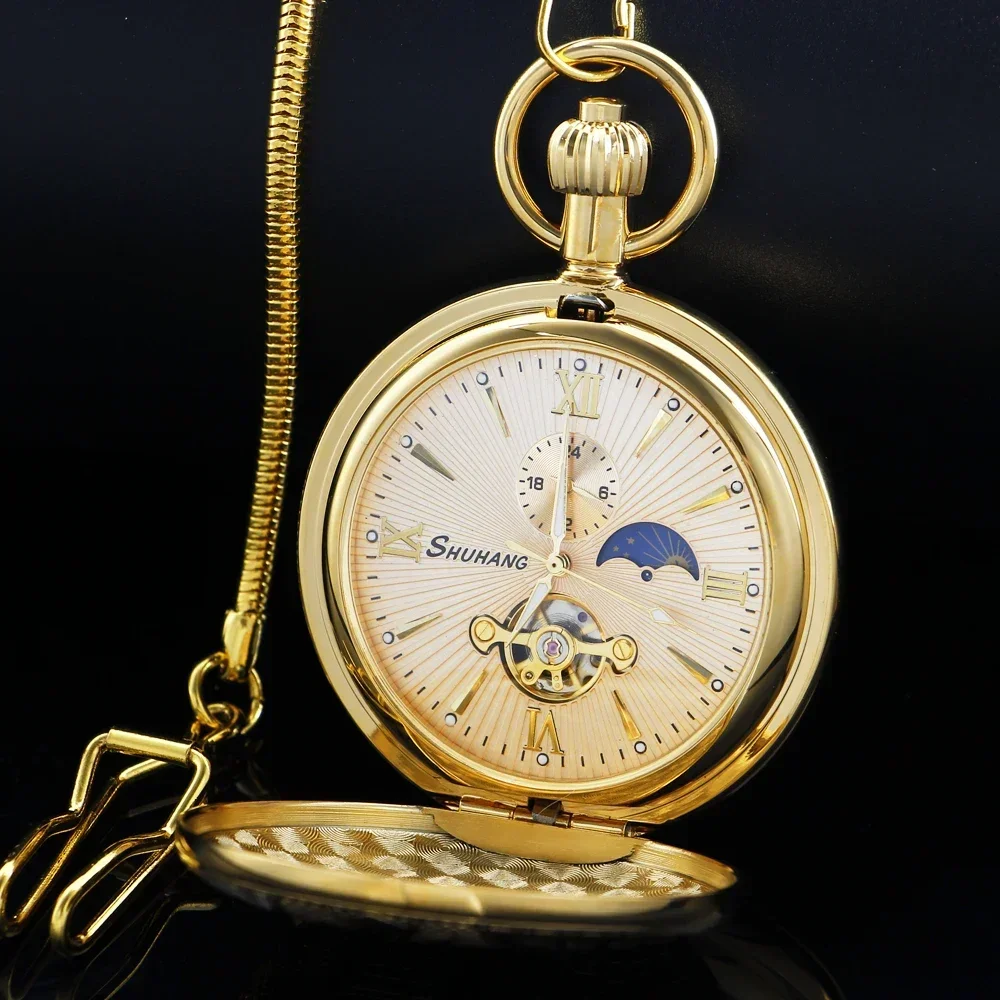 Luxury Golden Charm Flower Design Self Winding Mechanical Pocket Watch Moon Phase Dial Fob Chain Watches Pendant  Men's Gift