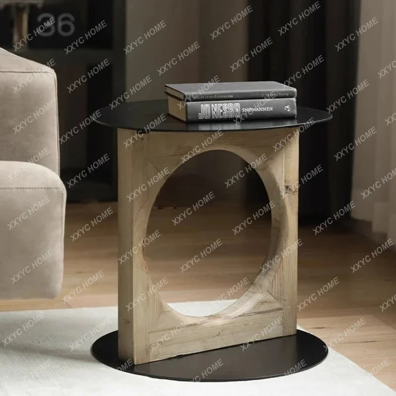 

French round modern edge table pine solid wood metal steel plate retro coffee table