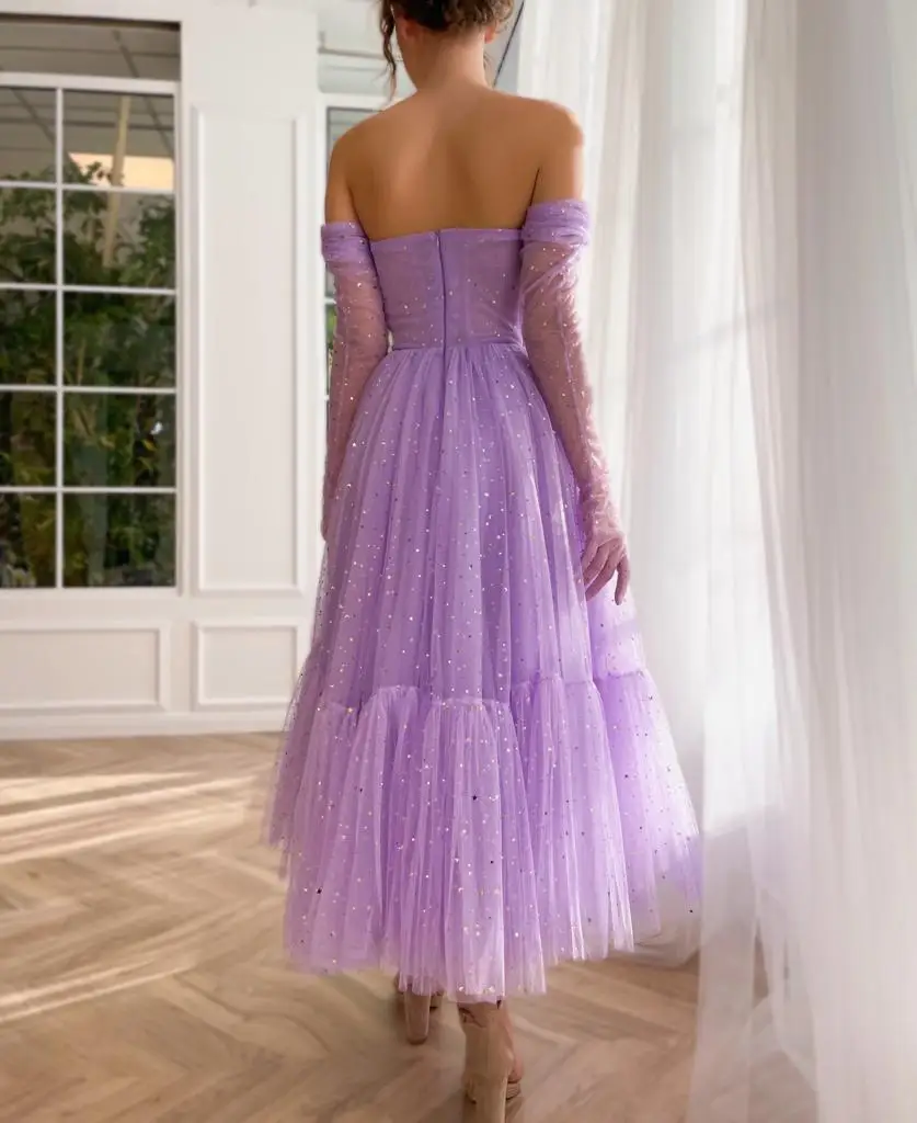 Tulle Strapless Prom Dresses Women Sleeveless A-Line with Pleats Tea-Length Evening Gowns Little Star Simple Lilac Party Dress