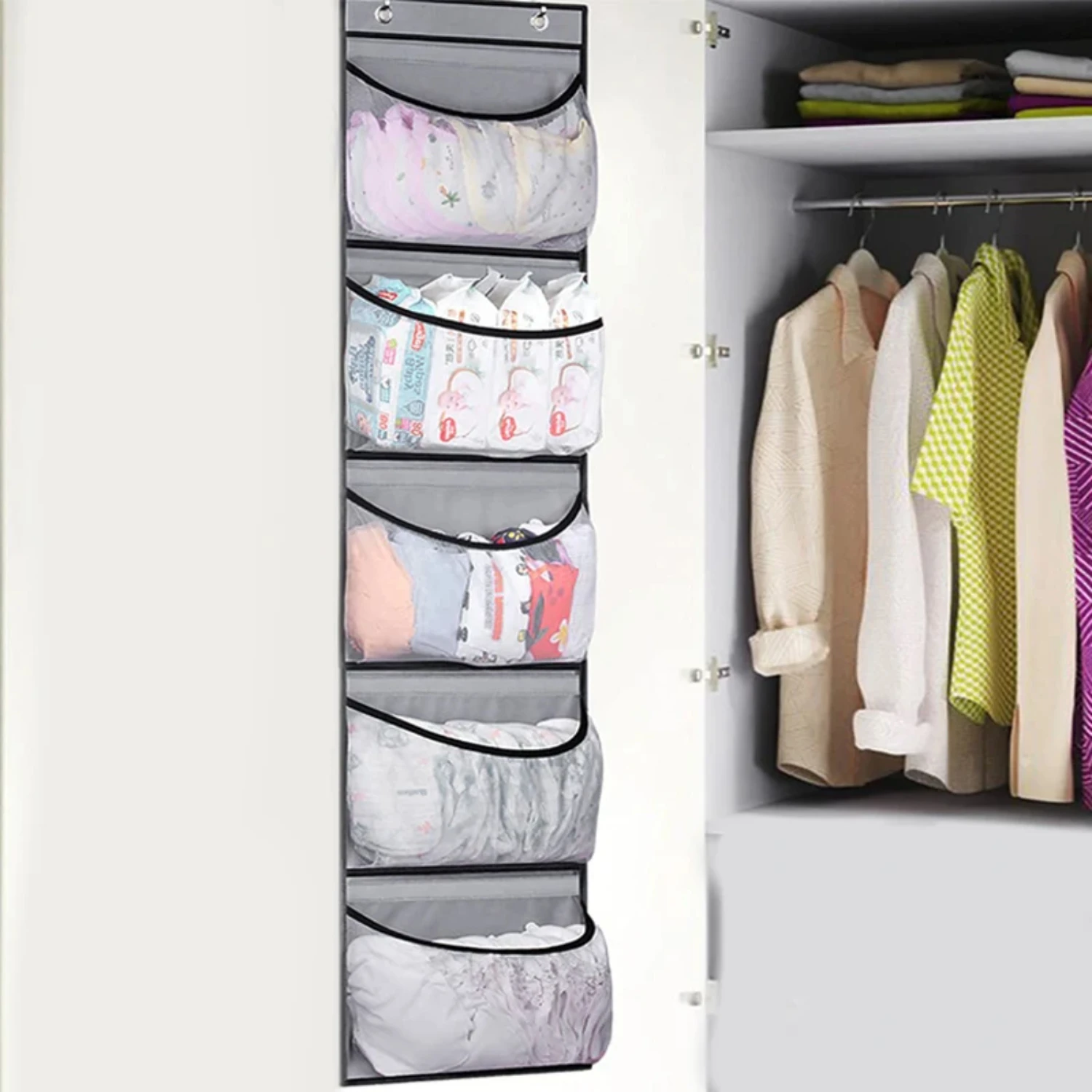 Functional Non-woven Fabric Hanging Door Closet Organizer with 5 Grids Pockets for Snacks, Underwear, Shoes, and Bathroom Storag