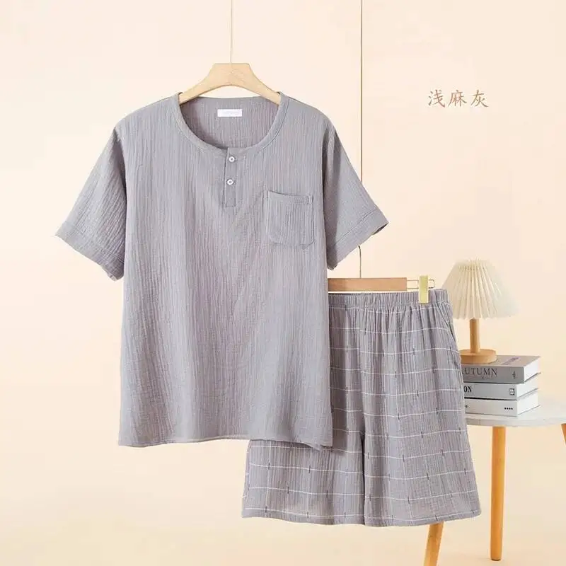 

Summer Men's Cotton Double-Layer Crepe Gauze Sleeved Short Pants 2 Pcs Pamas Casual Large Size Men Sleepwear Set