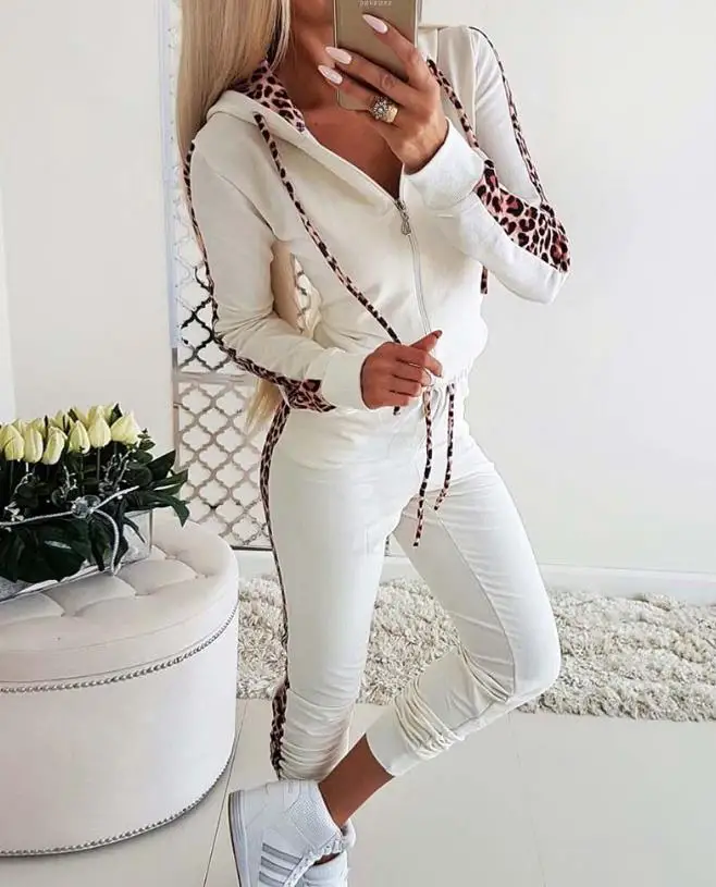 Leopard Zipper Design Drawstring Hooded Top and Pants Set Casual 2023 New Hot Selling Fashion Women's Wear