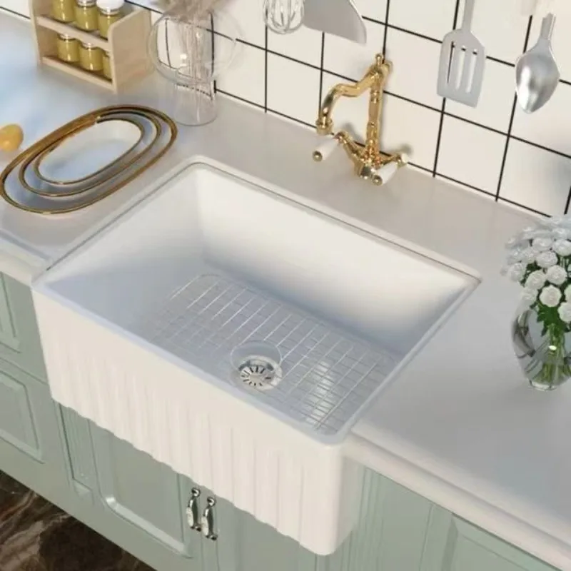 Retro Kitchen Ceramic Sink Single Sink for Washing Vegetables, Household Embedded Counter, Large Dish Basin on The Counter