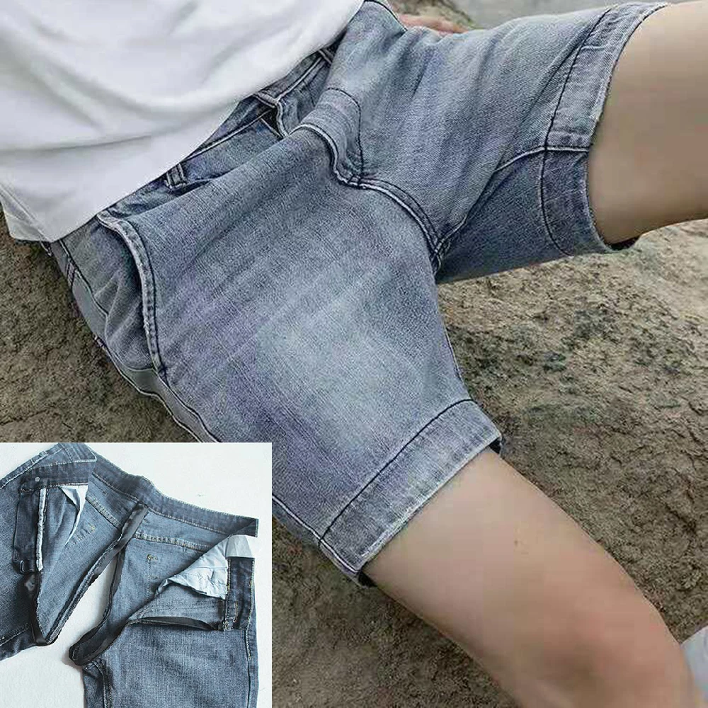 Invisible Open Crotch Outdoor Sex Summer Retro Men\'s Jeans Shorts Classic Straight Super Short Pants Eroticism Casual Trousers