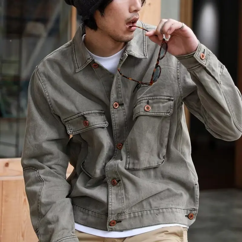 Japanese Washed Tooling Jackets Mens Coarse Texture Retro Letter Embroidered Cardigan Big Pockets Lapel Cargo Coats Cotton