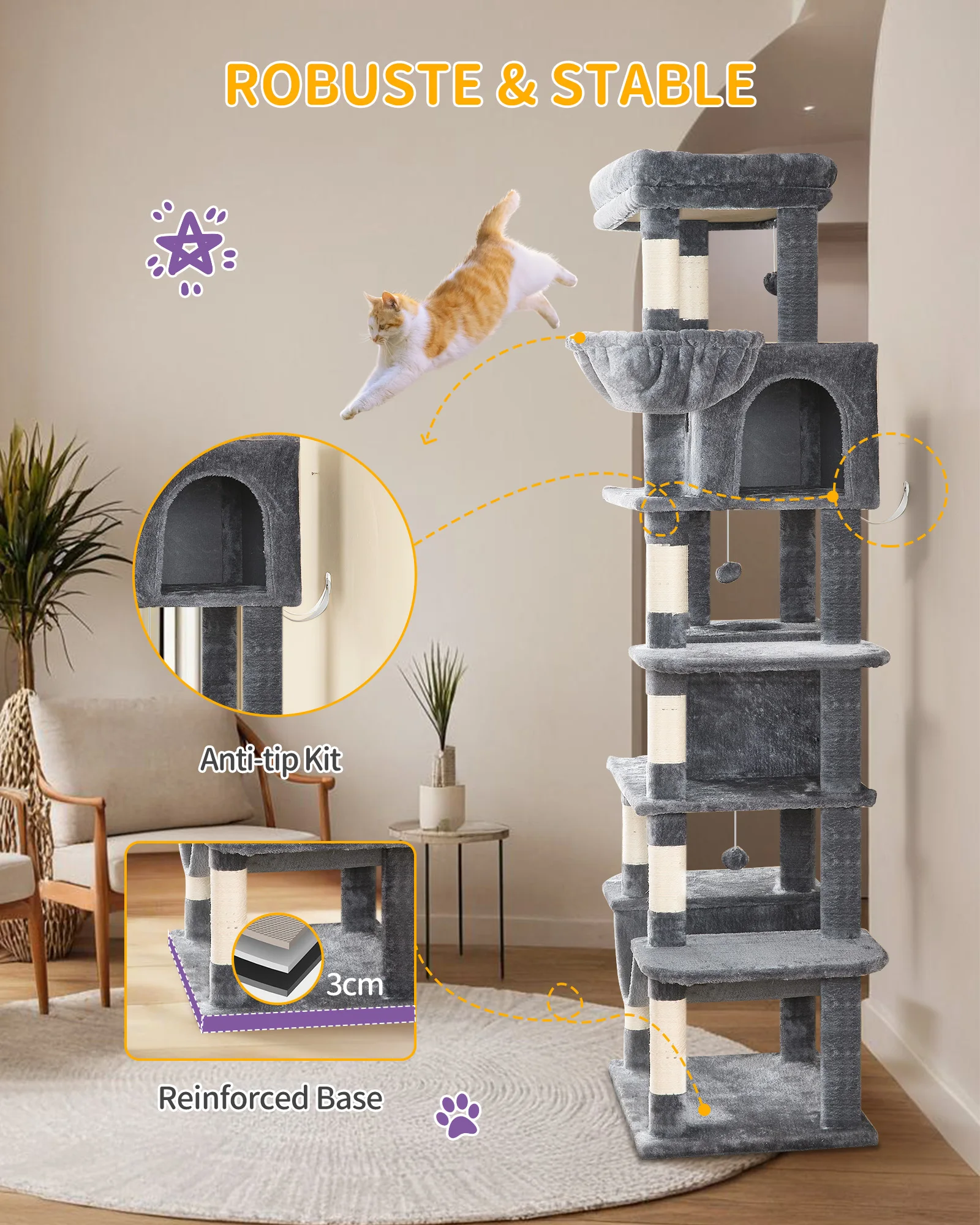 Hzuaneri 170 cm Large Cat Tree, Cat Tower for Maine Cat, Multi-Level Scratching Post with Large Perch, Washable Mat 2