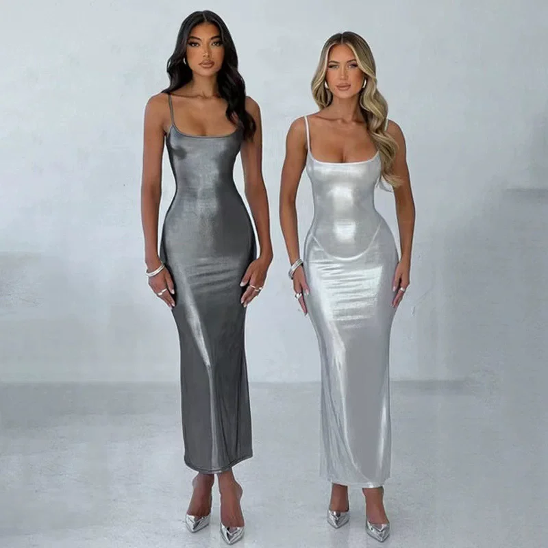 Sexy Shiny Patent Leder Schlank Bodycon Maxi Kleid Frauen Ärmellose Backless Dünne Lange Kleid Elegante Club Party Vestidos