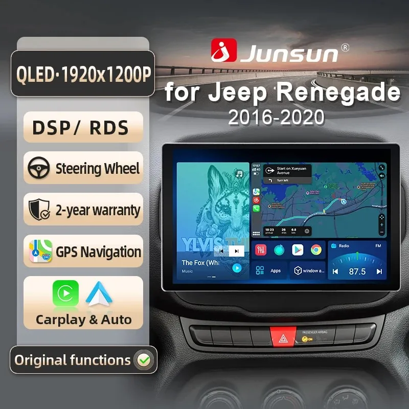 Image of Junsun für Jeep Renegade 2016-2020 9 Zoll 4GB 64GB Android 13 Autoradio GPS Navigation Carplay DSP Bluetooth FM Lenkradbedienung Unterstützung USB AUX Eingang Rückfahrkamera Bereit 1080P Video Split