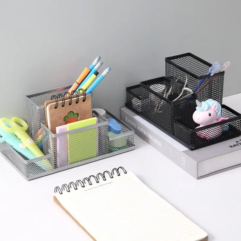 Pen Containers For Desk Office Stationery Storage With 4 Grid Desk Organizer Storage For Desktop Home School Bedroom Countertop