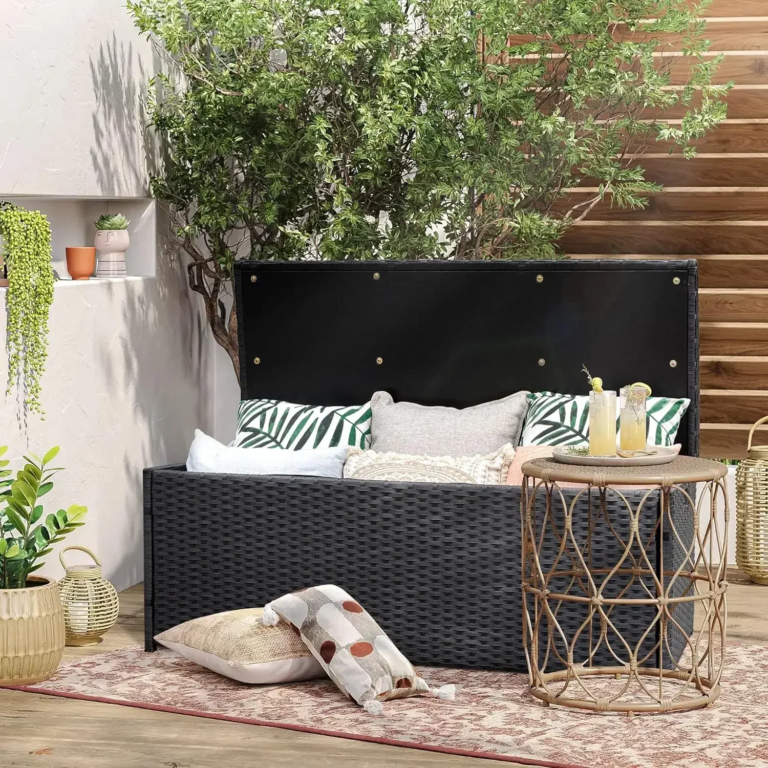 

SAT Outdoor Storage Bench 70 Gallon Rattan Deck Box with Acacia Wood Seat Indoor Entryway Decor Storage Box for Toys, Cushion, T