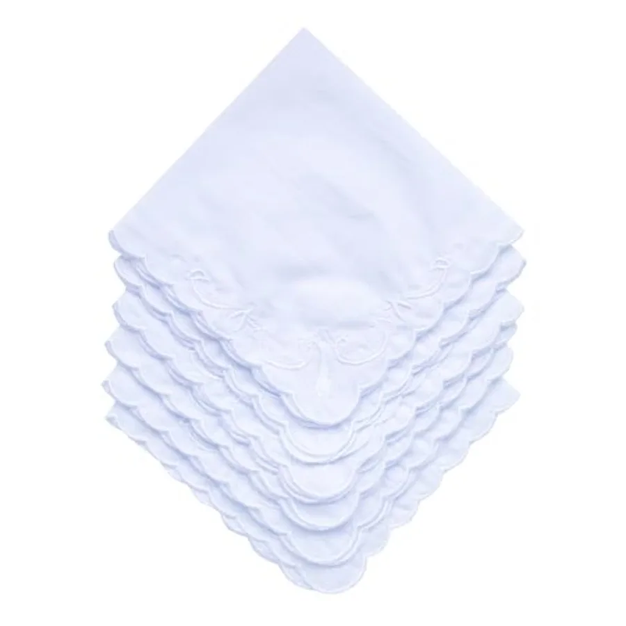 

Bulk Pack Handkerchiefs Cotton Scalloped Hankies Pocket Square Towel White 11 Inches