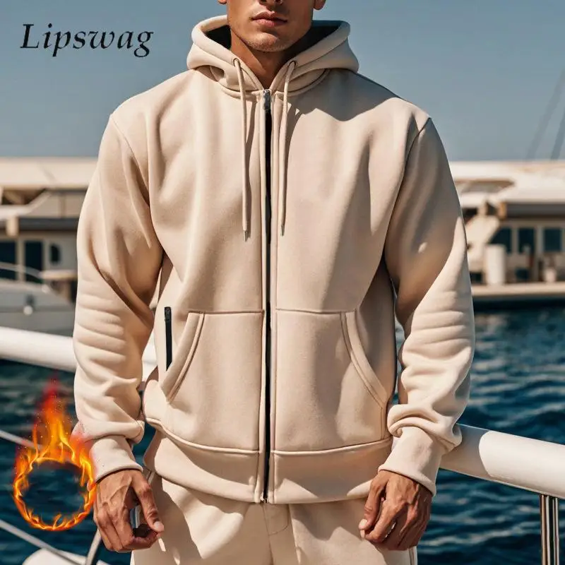 

Fashionable Solid Color Fleece Hooded Sweatshirt Men Autumn Winter Warm Wool Lining Hoodie Mens Jackets Casual Zippers Hoodies