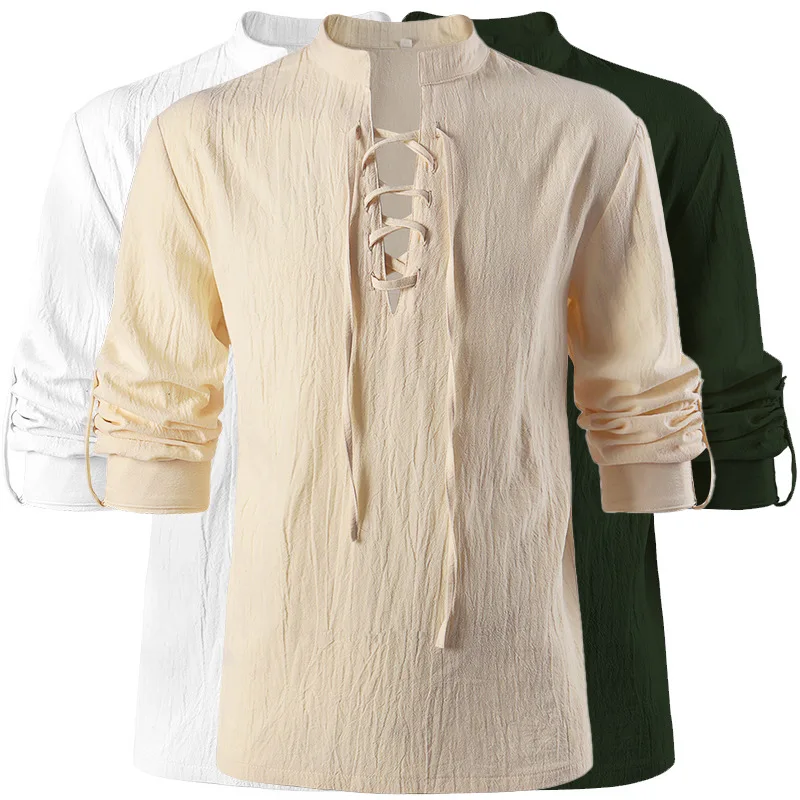 2025 New Gothic Ruffled Stand Up Collar Long Sleeved Pullover White Shirt for Men and Women, Khaki Pleated Cuffs Unisex Camisa