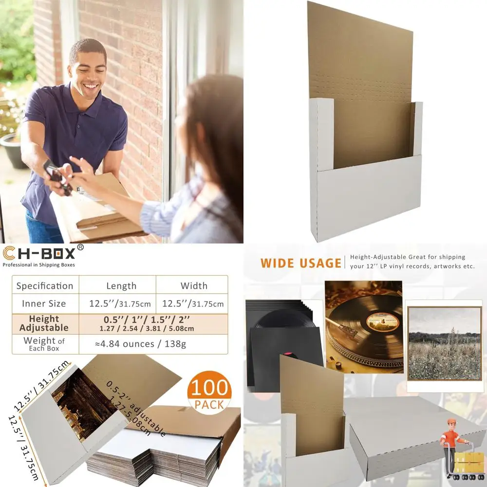 

100-Pack Adjustable Height White Cardboard Mailers for 12-inch Vinyl Records, 12.5x12.5x2 Inches