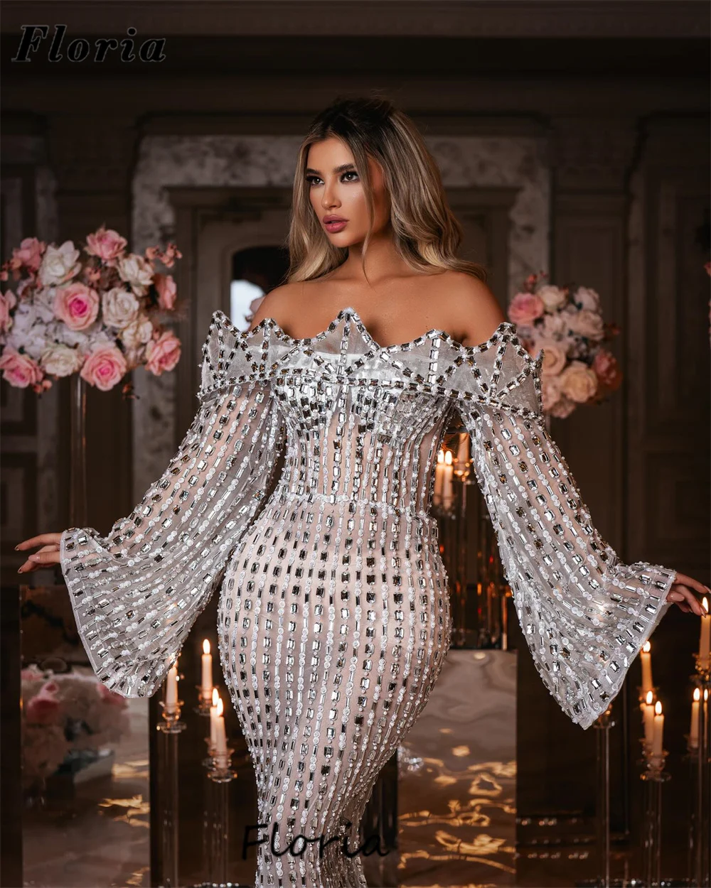 

Luxury Off The Shoulder Evening Dresses Handmade Beaded Stones Formal Occasion Dress Arabic Puffy Sleeves Wedding Party Gowns