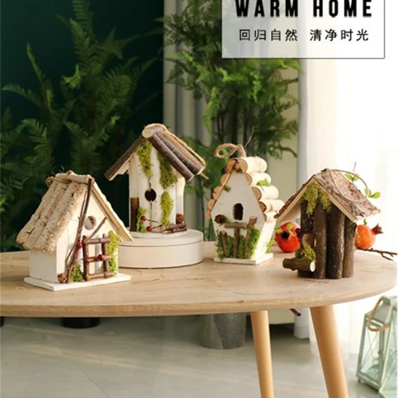 

Handmade small wooden bird house made of straw and rattan