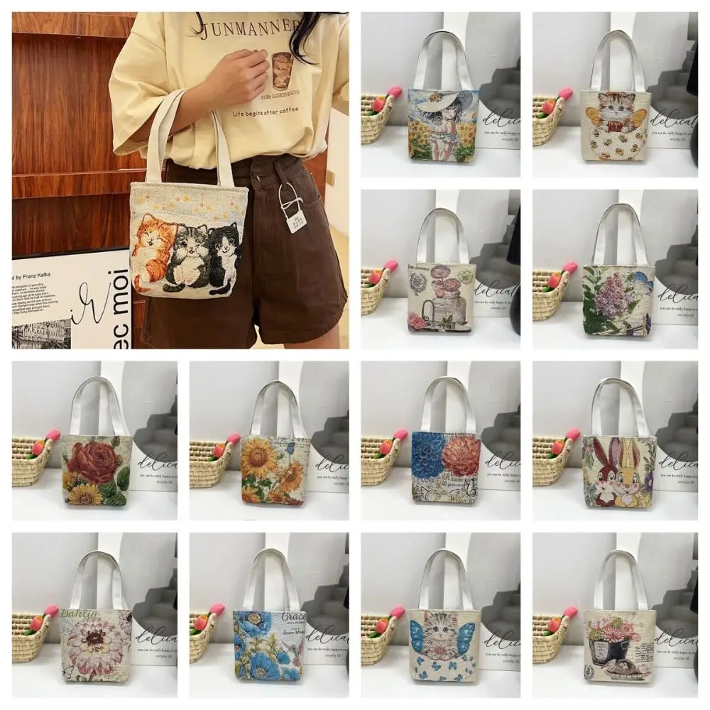 Fashion Butterfly Embroidery Ethnic Style Handbag Cat Rabbit Canvas Tote Bag Shopping Bag Print Flower Shoulder Bag Daily