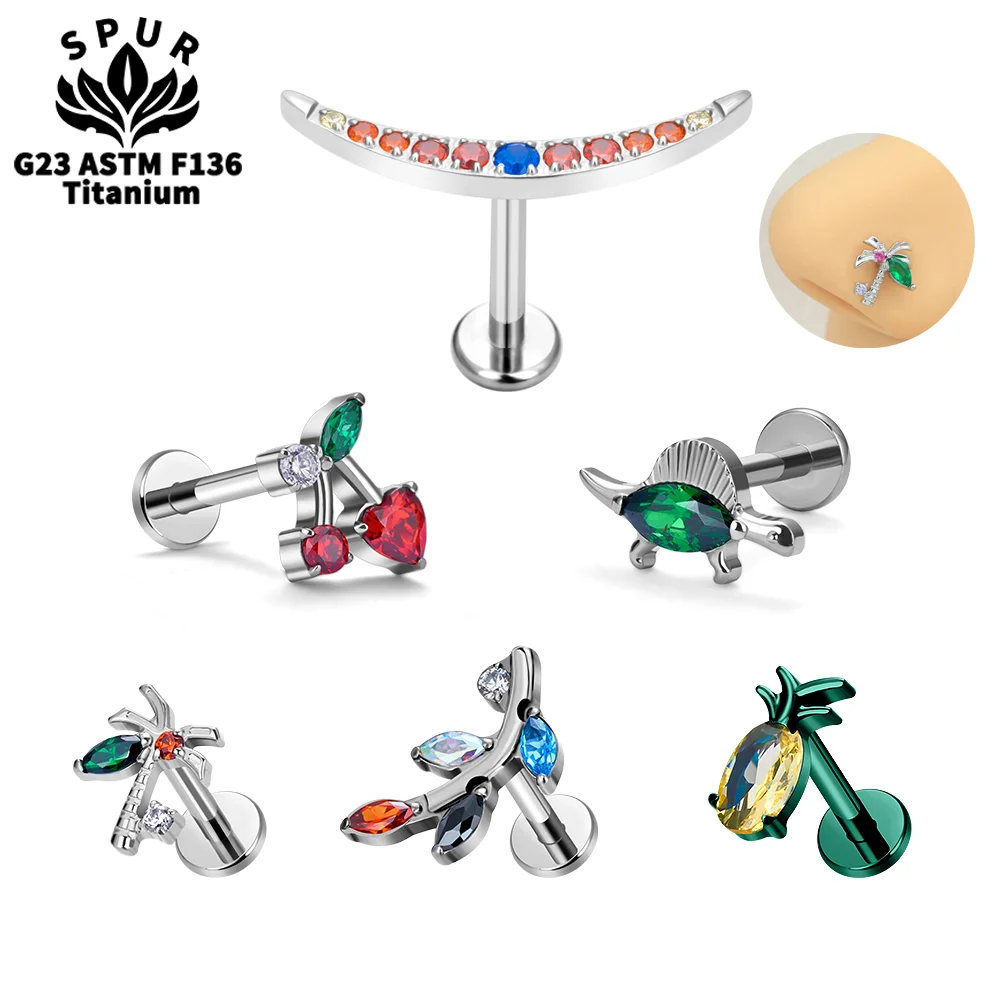 G23 Titanium 16G Colorful CZ Inlay Cherry Pineapple Ear Piercing Helix Tragus Cartilage Daith Stud Earrings Body Jewelry