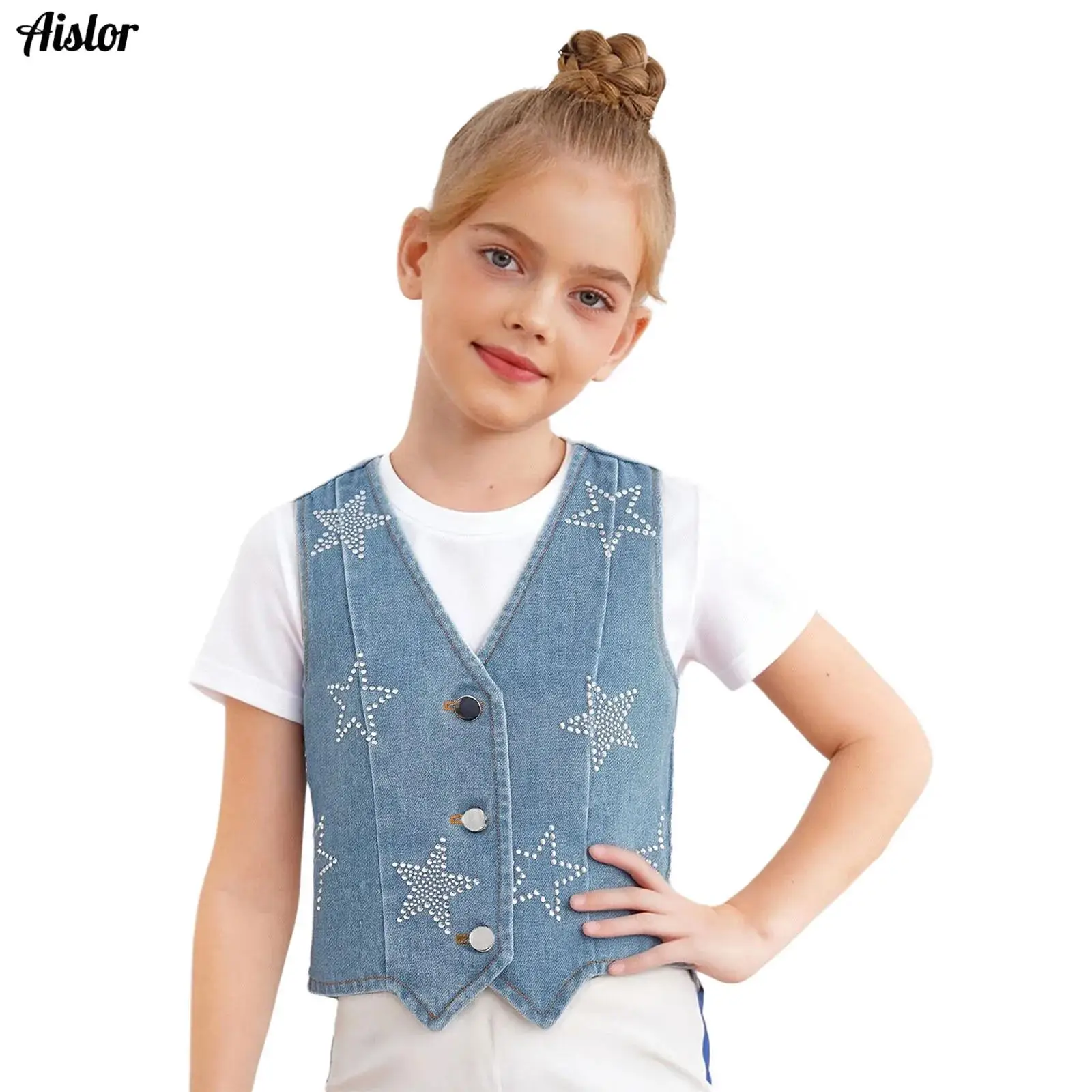 Kids Girls Denim Vest Casual Clothes Shiny Rhinestone Stars Sleeveless Buttons Jacket Asymmetrical Waistcoat for Performance