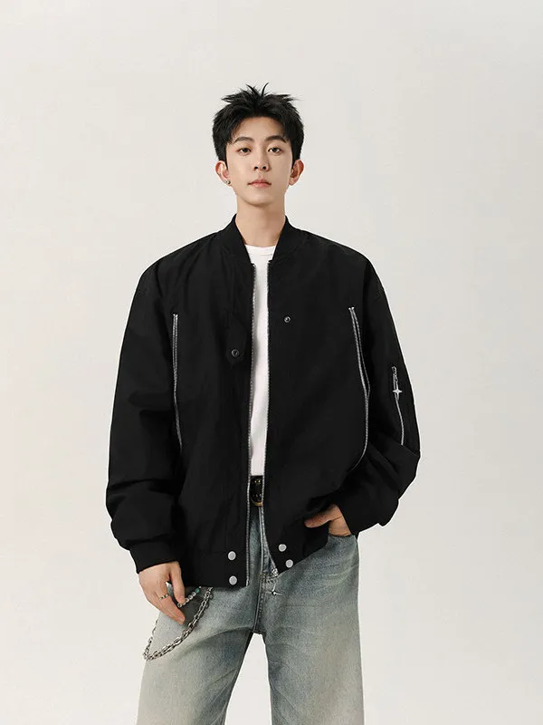 

TANGZ Studio American Baseball Collar Jaet Men's Loose Pilot Coat Multi-Zipper Design Youthful Polyester Fiber Outerwear