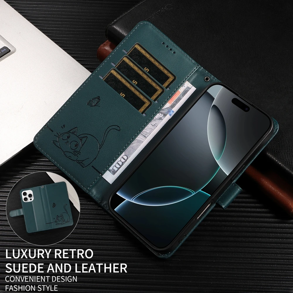 マグネットウォレットフリップレザーケース Huawei Pura 70 P20 P30 Mate 10 20 Pro Lite 2017用 |   猫と蝶のエンボスデザイン