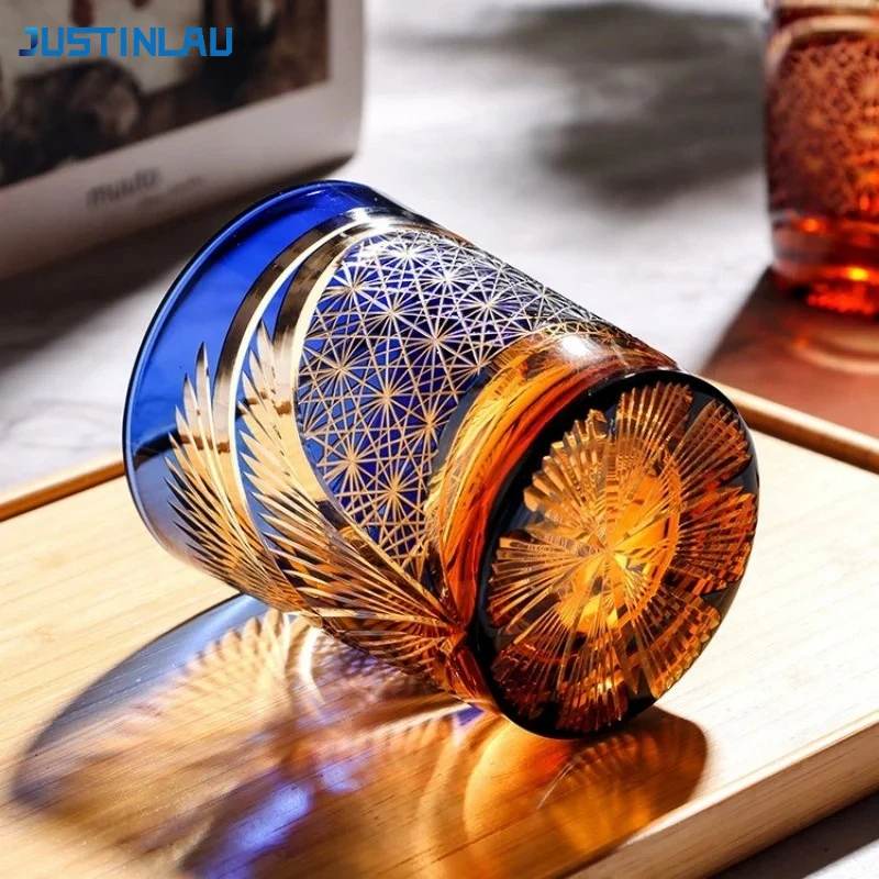 JUSTINLAU Crystal Glass Whiskey Cup for Men Japanese-style Hand Carved Edo Kiriko Collectible Barware Whisky Glass Liqueur Glass