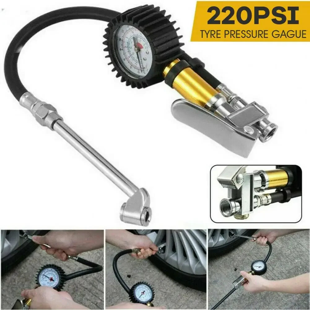 Air Tyre Meter Wear-resistant Thickened Hose Dual Scale Display Manual High Precision Stable 220PSI Tyre Pressure Gauge For Car