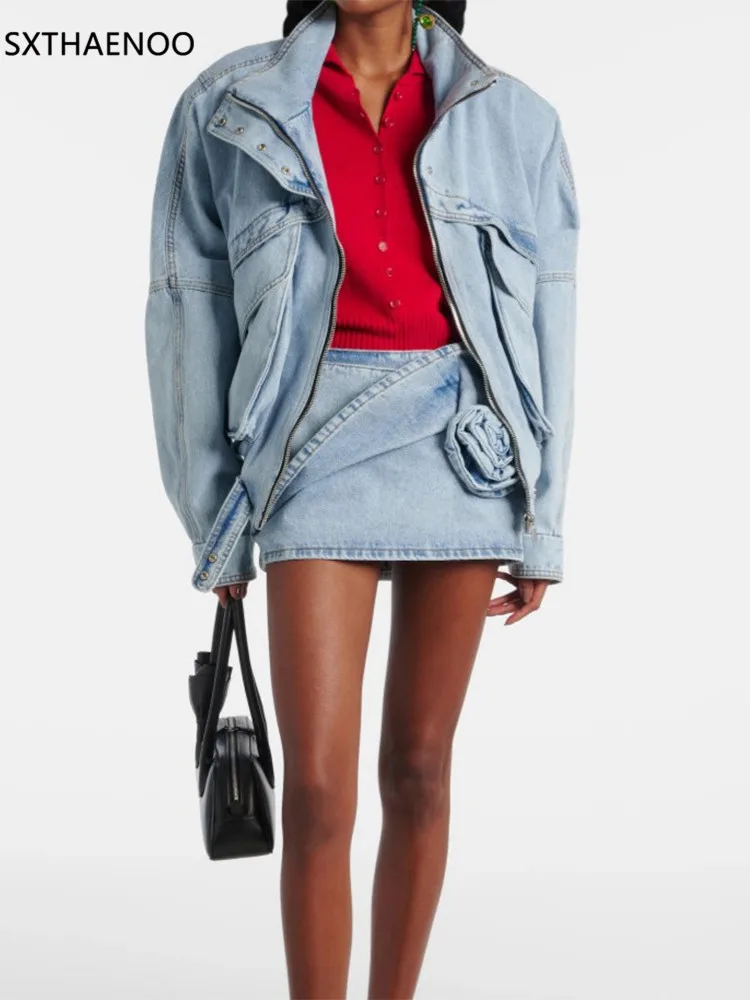 

SXTHAENOO Womens Denim Mini Skirt With 3D Floral Applique High Waist A Line Trendy Frayed Hem Design Fashion 2025 RoupasFeminina