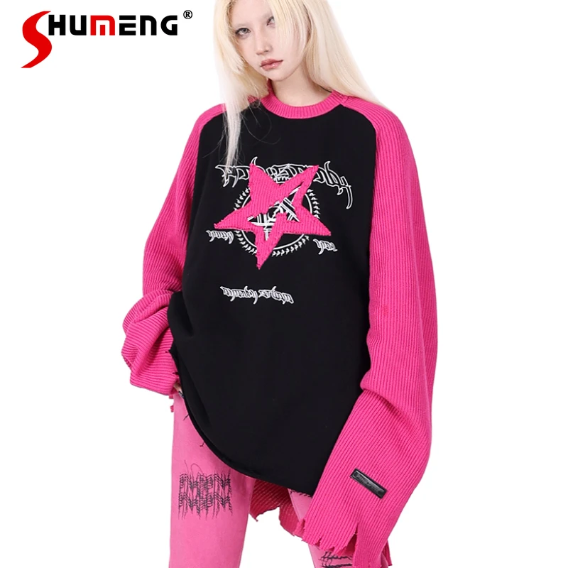 Punk Original Pullover Hoodies for Women Autumn and Winter New Loose Sweet Long Raglan Sleeve Denim Stitching Couple Sweatshirts