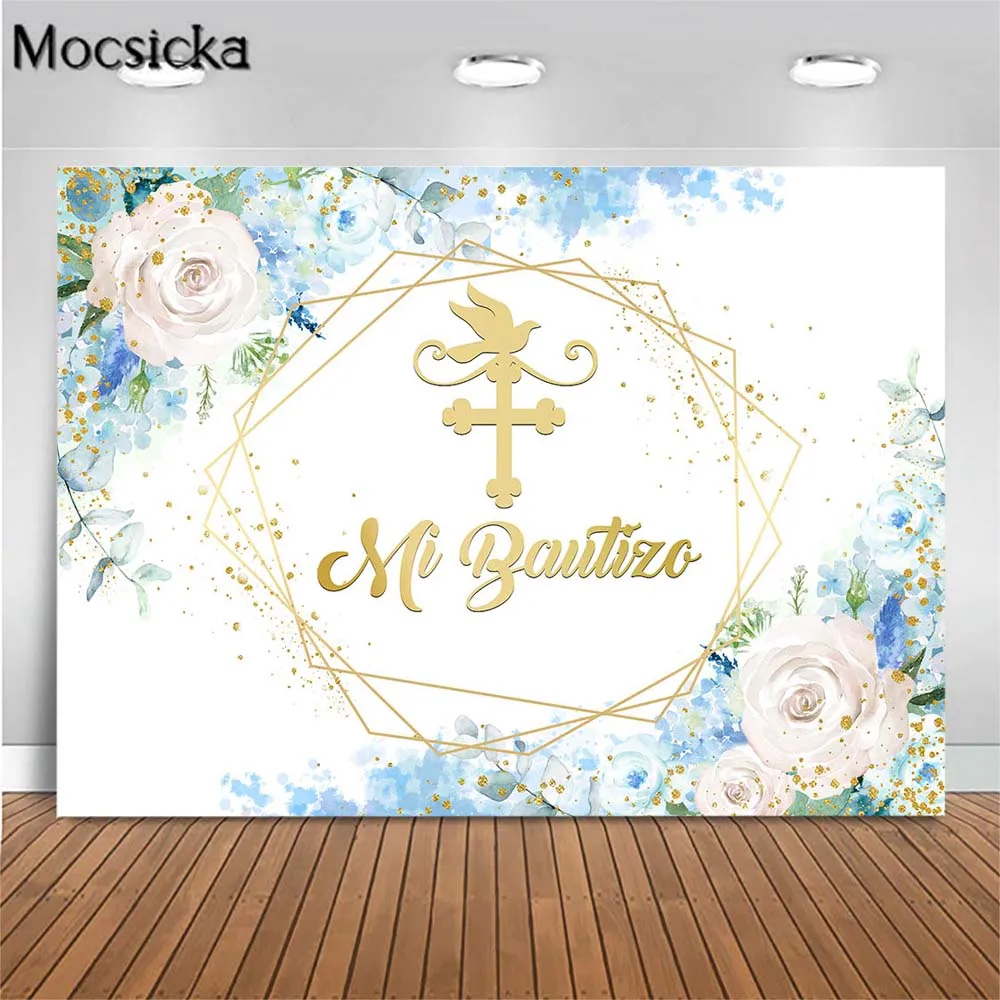 

Mocsicka Mi Bautizo Baptism Backdrop First Holy Communion Christening Photo Background Gold Cross Blue Flowers Photography Props