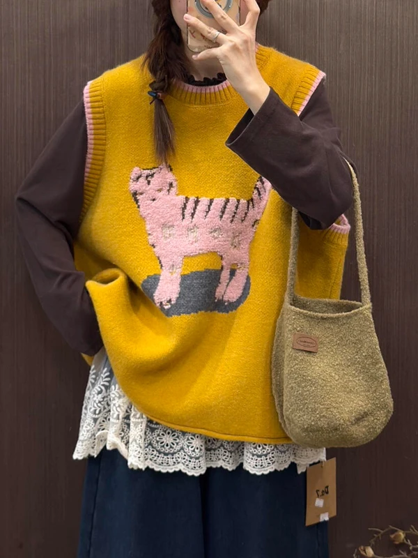 Lu een Gilet lavorato a maglia da donna di grandi dimensioni con motivo a strati Versatile autunno inverno Faion Casual Sle round Ne Design