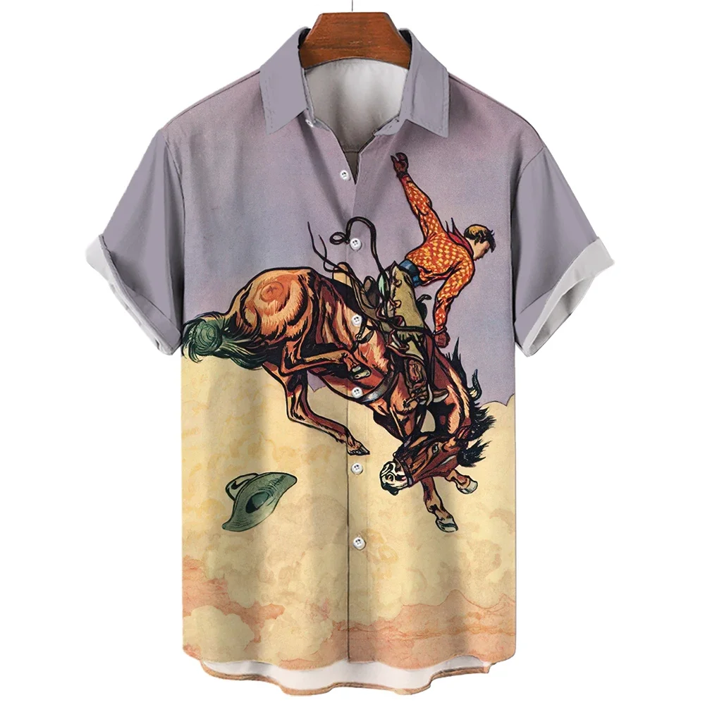 Retro Western Cowboy Men Car Girls Hawaiian Oversized Short Sleeve Shirt Street Luxury Tops Summer Clothing 3D Printed Clothing