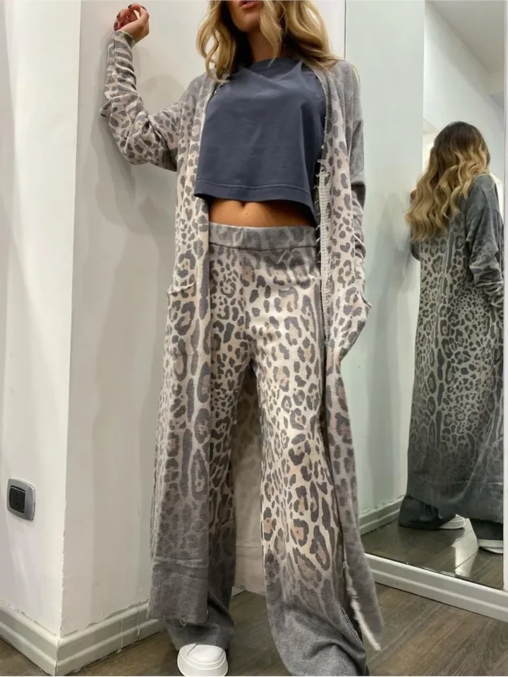 

Fashion Leopard Print Long Style Long Sleeve Women Suit Spring Autumn New Casual Loose Simple Female Long Pants 2 Piece Set 2025