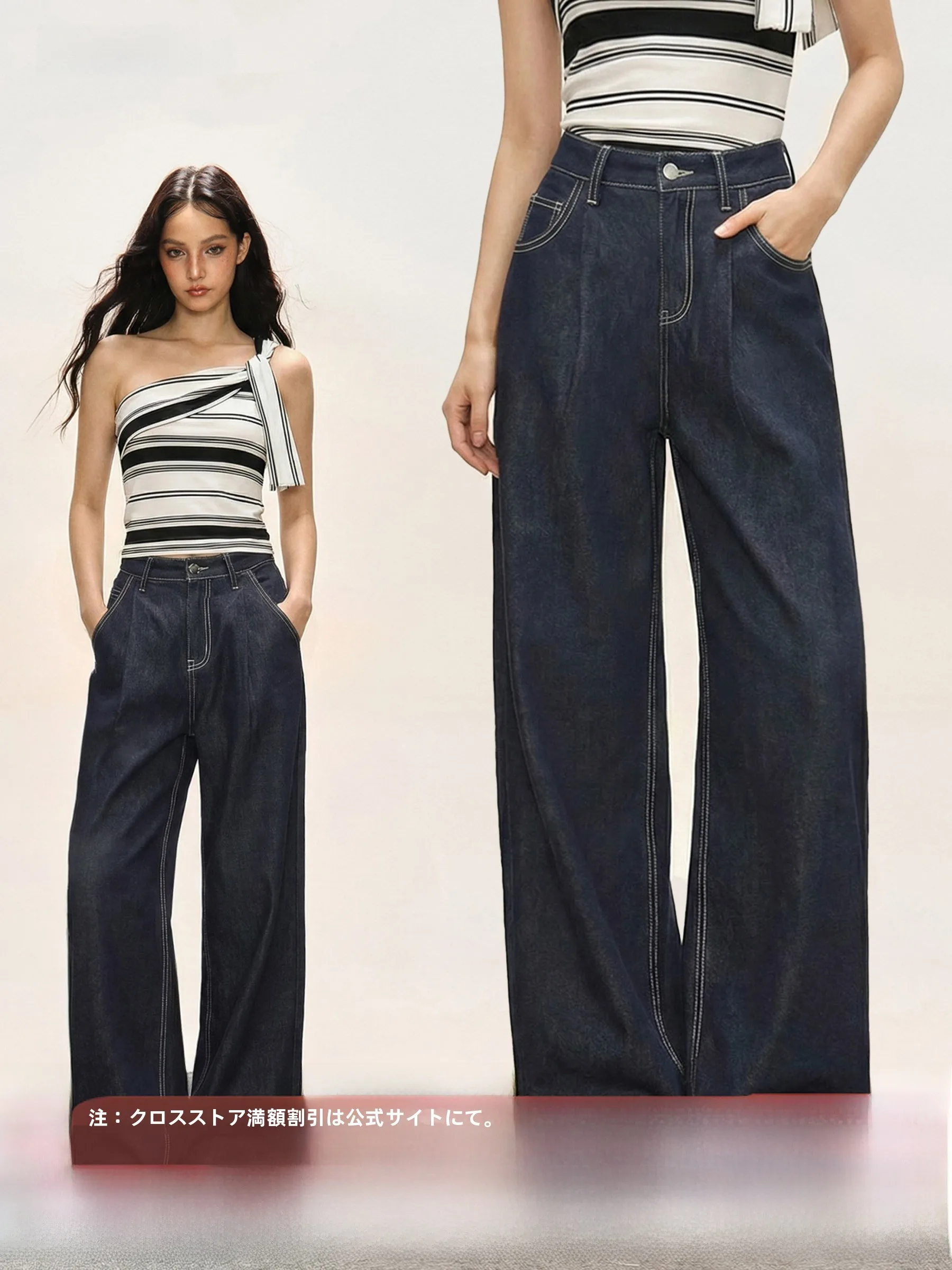

American Retro Deep Blue Denim Jeans Women's Summer Design High Waist Loose Straight Leg Pants Casual High Waist Wide Leg Jeans