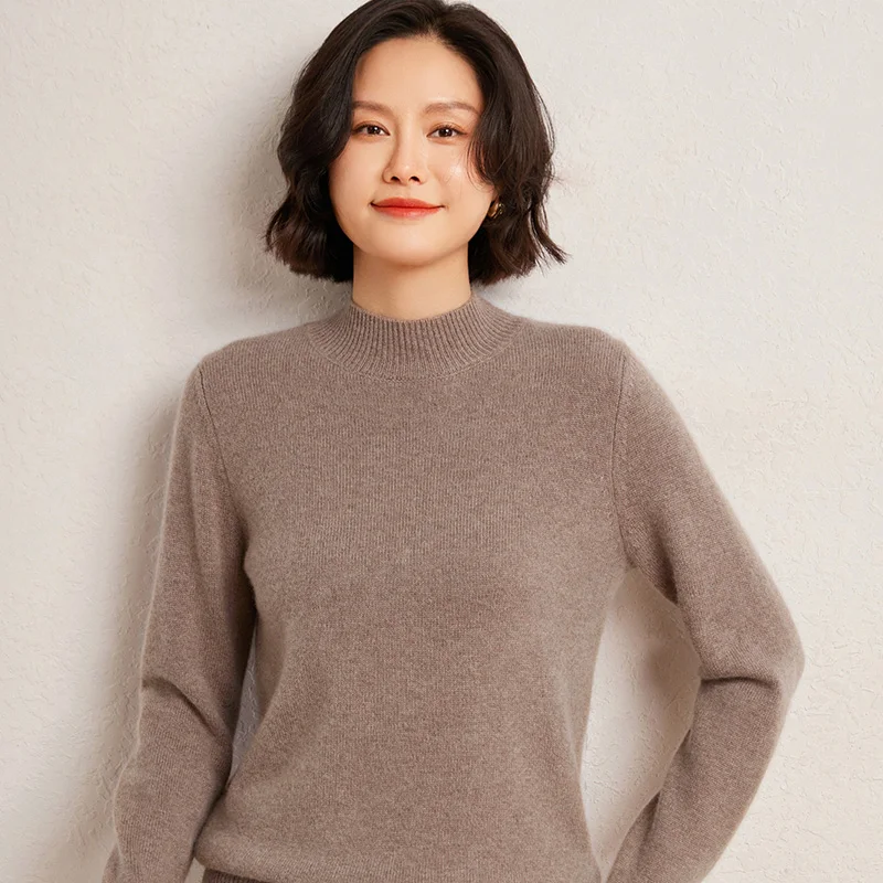 New Best-Selling Semi-High Collar 100% Cashmere Sweater Women's Casual Pullover Long Sleeve Loose Warm Bottoming Sweater