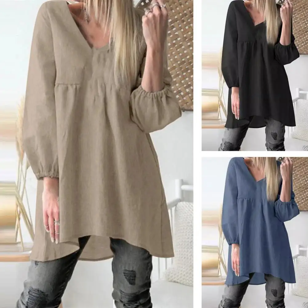 Women V-neck Lantern Sleeve Shirt Stylish Women's V-neck Pleated Lantern Sleeve Shirt in Solid Color for Streetwear for Everyday