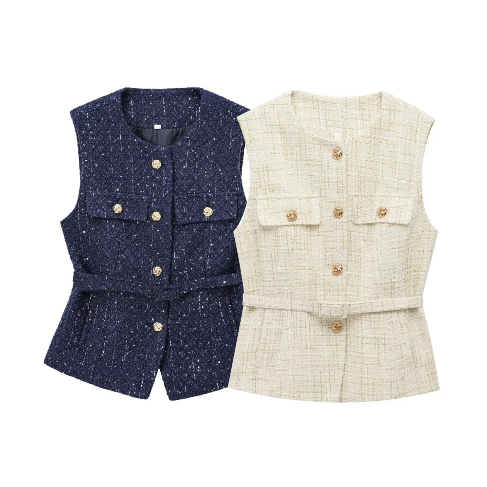 2025 BM MD ZA Women's Sleeveless Tweed Vests in Navy and Cream with Gold Buttons and Belt Details Chic and Versatile Tops