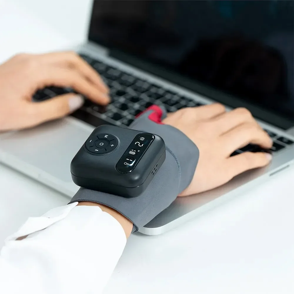 Smart EMS TENS Heated Wrist Massager Brace, 5 Pulse Modes LCD Magic Hook for Tendonitis Carpal Tunnel Relief