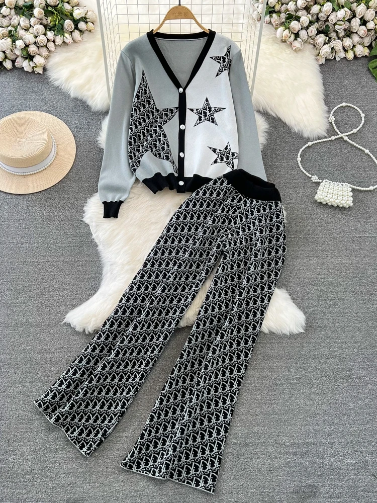 Elegant Casual Women's Fashion Knitted Cardigan Top High-waisted Bell Bottoms Two-piece Set V-neck Waist-fitted