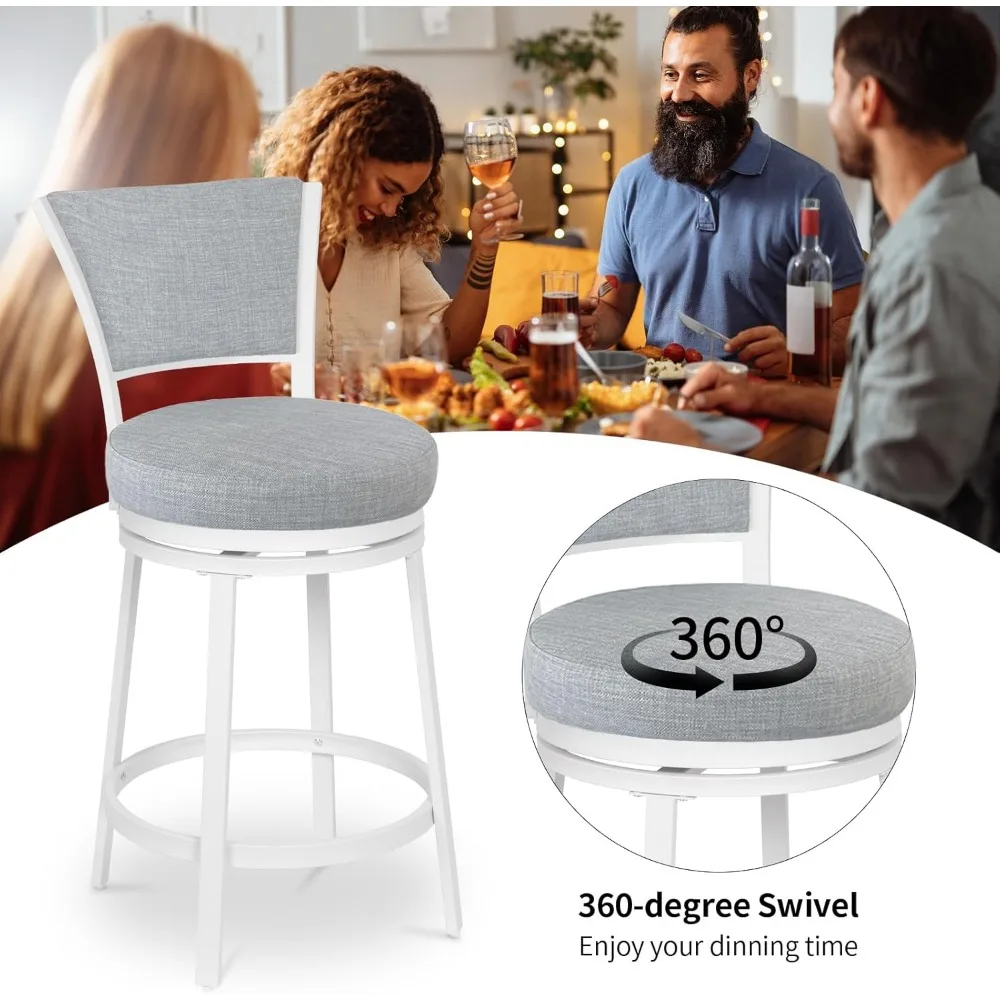 เก้าอี้บาร์ชุด 2 ตัว เก้าอี้บาร์สูงเคาน์เตอร์โลหะ 25 นิ้ว ผ้าลินินทันสมัย ​​360 °   เก้าอี้บาร์หมุนได้พร้อมพนักพิง เคาน์เตอร์