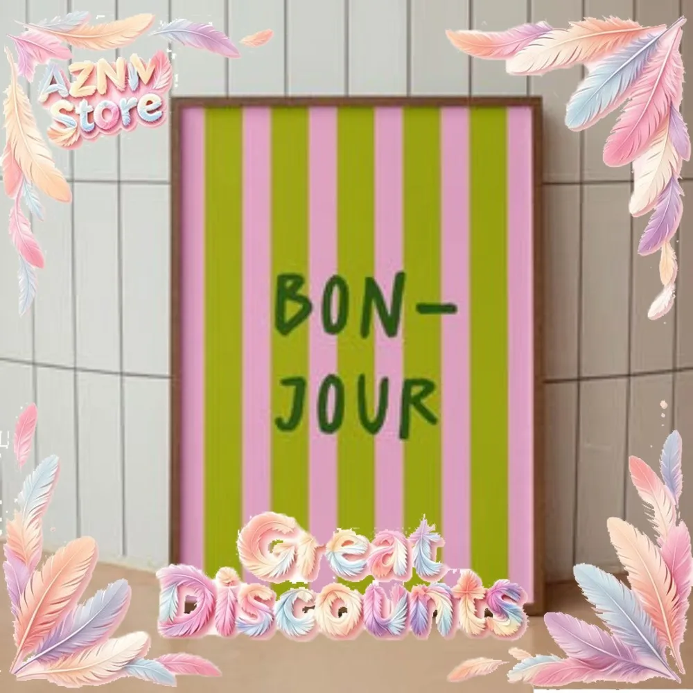 Bonjour Print,Pink Green Striped Poster Background,Bedroom Art Print,Modern Home Decor,Typography Art,Trendy French Quote Pos