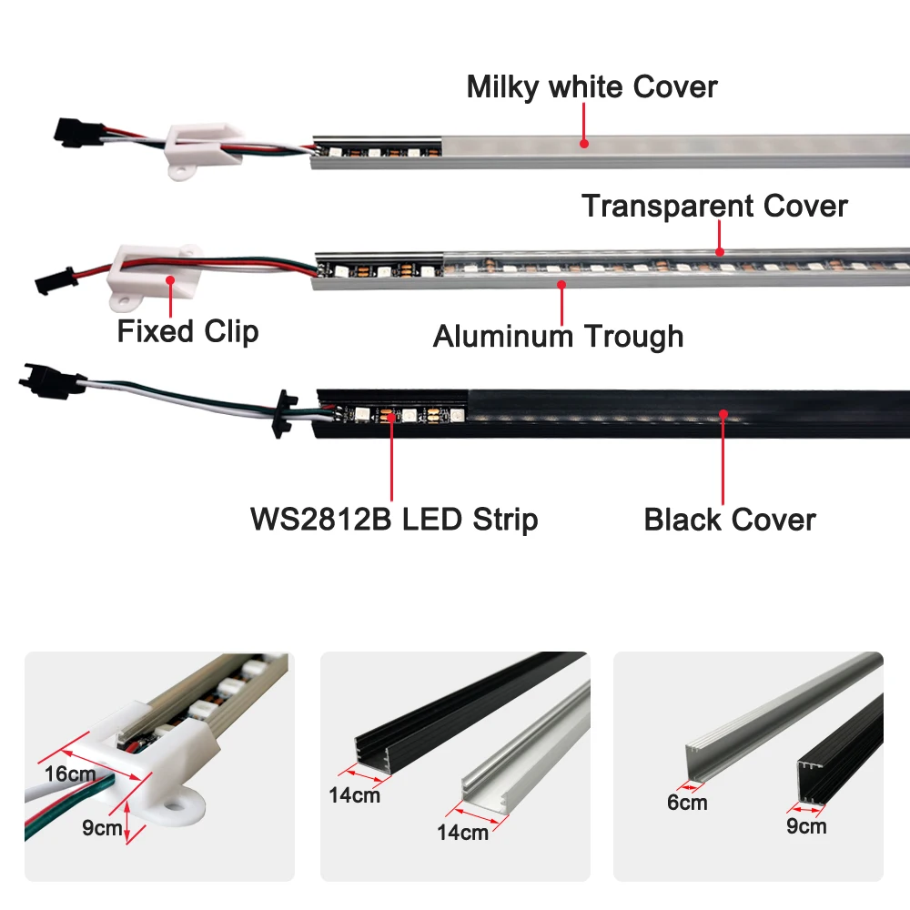 DC5V 33cm/50cm Smart LED Bar Aluminum Tube Cabinet Light U Profile Hard Rigid Strip WS2812B Individually Addressable Black/White