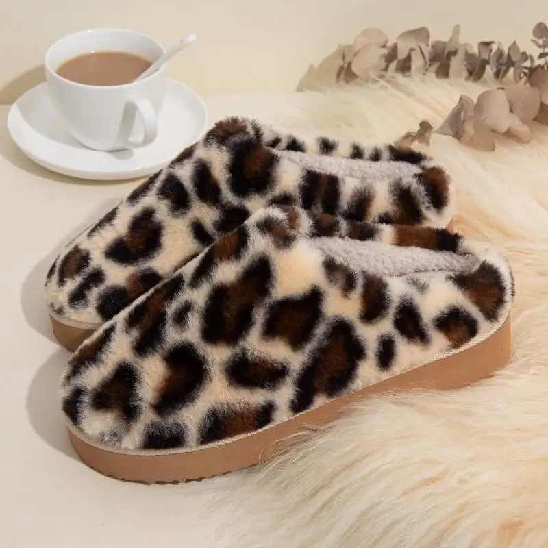 Women's Leopard Winter Warm Furry Home Slippers, Warm and Cozy for Autumn/winter, Woman Thick-Soled Cotton Slippers