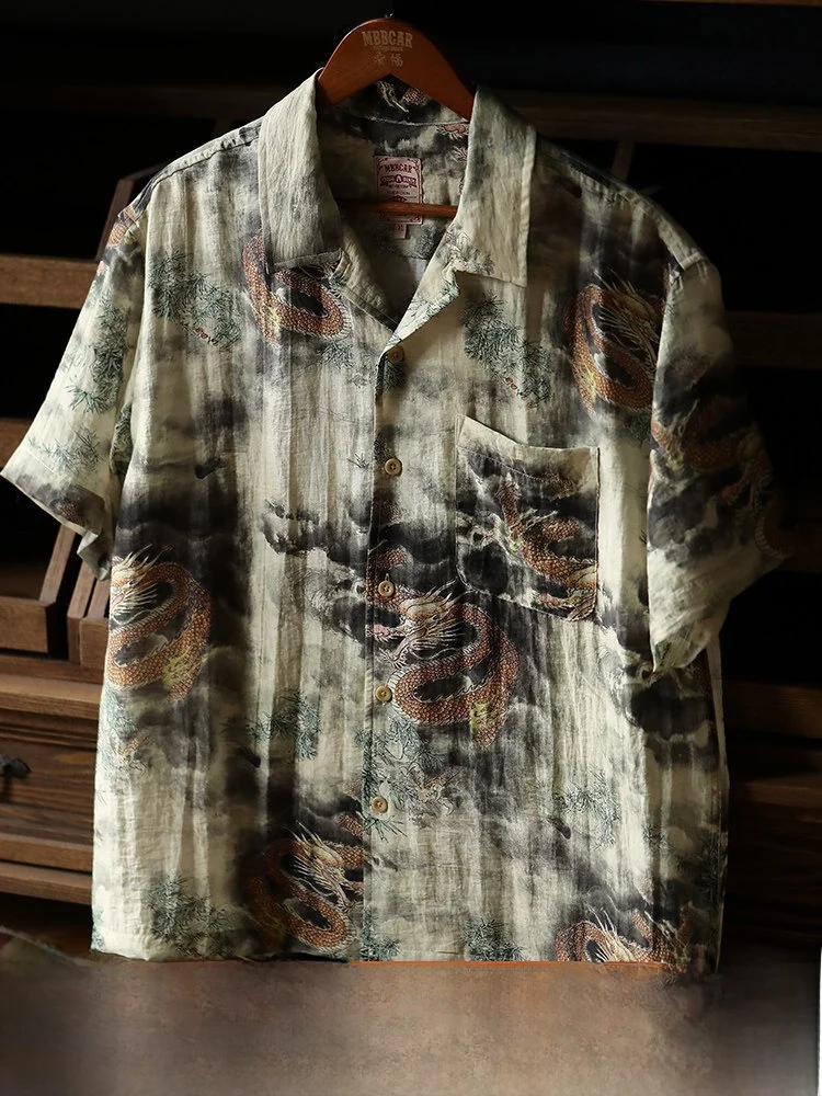 

Льняная рубашка Mbbcar Slim Fit с коротким рукавом, винтажный красный гавайский принт с драконом, молодежная модная дышащая летняя рубашка