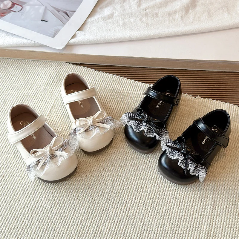 Spring Autumn Children's Leather Shoes with Bowknot Versatile Girls Fashion Mary Jane Shoes Causal Lace Kids Princess Shoes