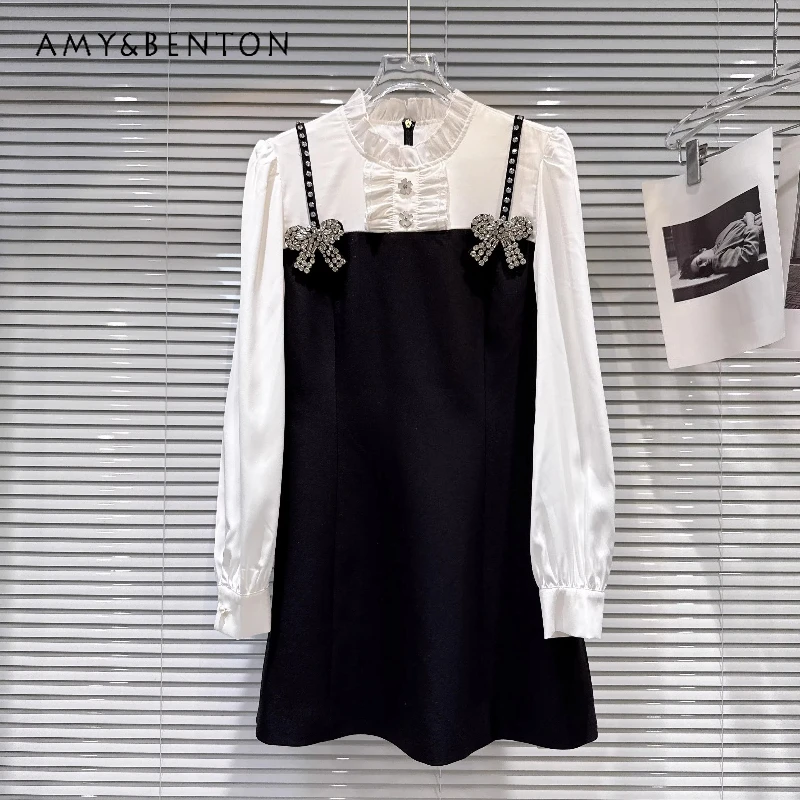 2026 Spring New Arrival Exquisite Rhinestone Women's Dress French Design Bow Sling Faux Two-piece Long Sleeve Dresses Ladies