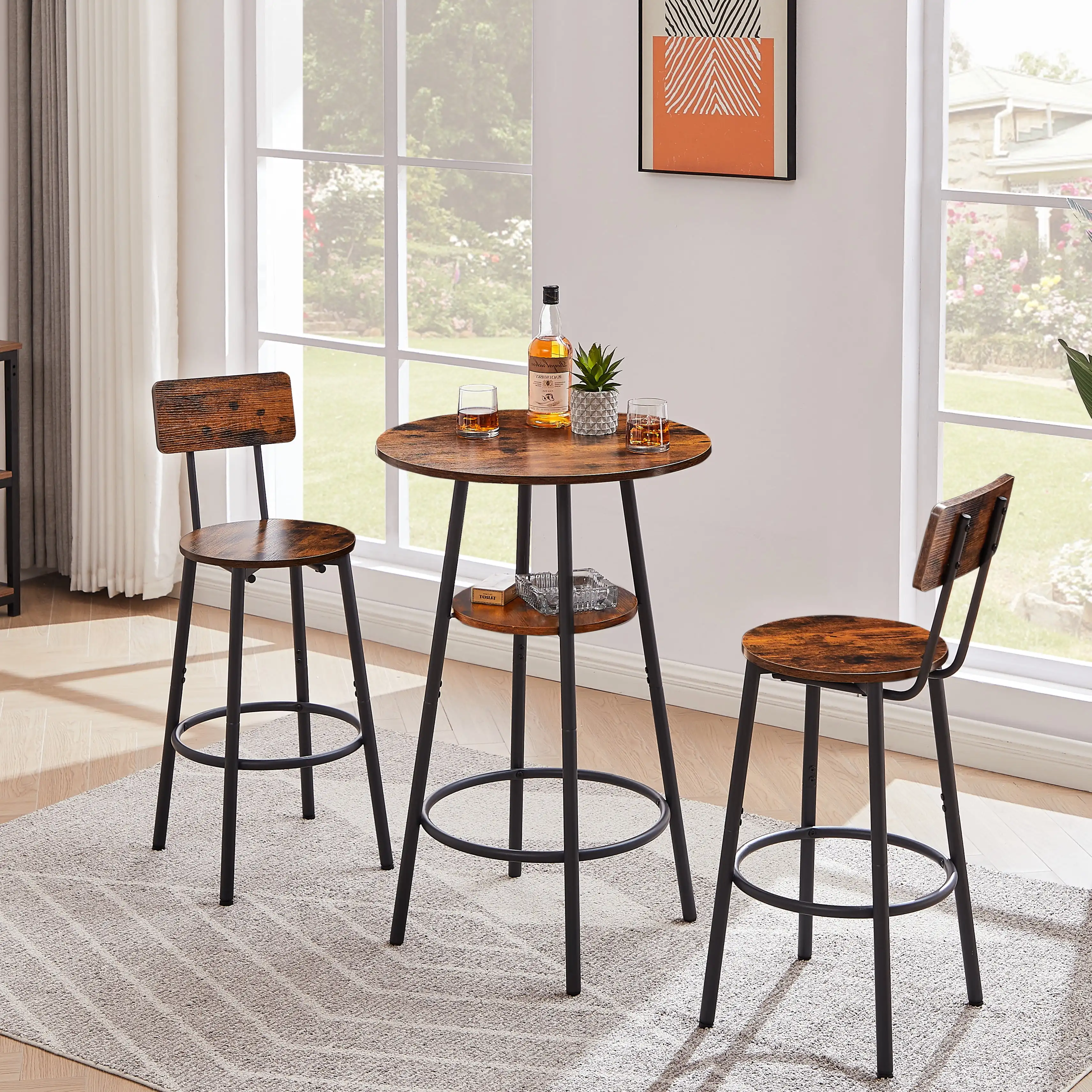 Counter Height Dining Set Kitchen Table Sets with Upholstery Bar Chairs for Small Space, Brown
